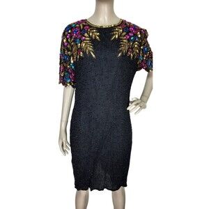 Vintage 80s STENAY Art Deco Sequined Beaded 100% Silk Party Dress Size 10 India